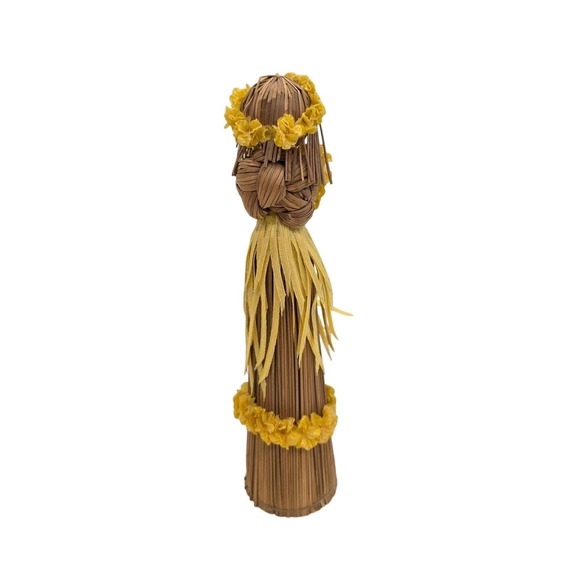 Vintage Hawaiian Hula Dancer Raffia Straw Doll Wood Base Yellow Leis Stamped - Picture 4 of 5